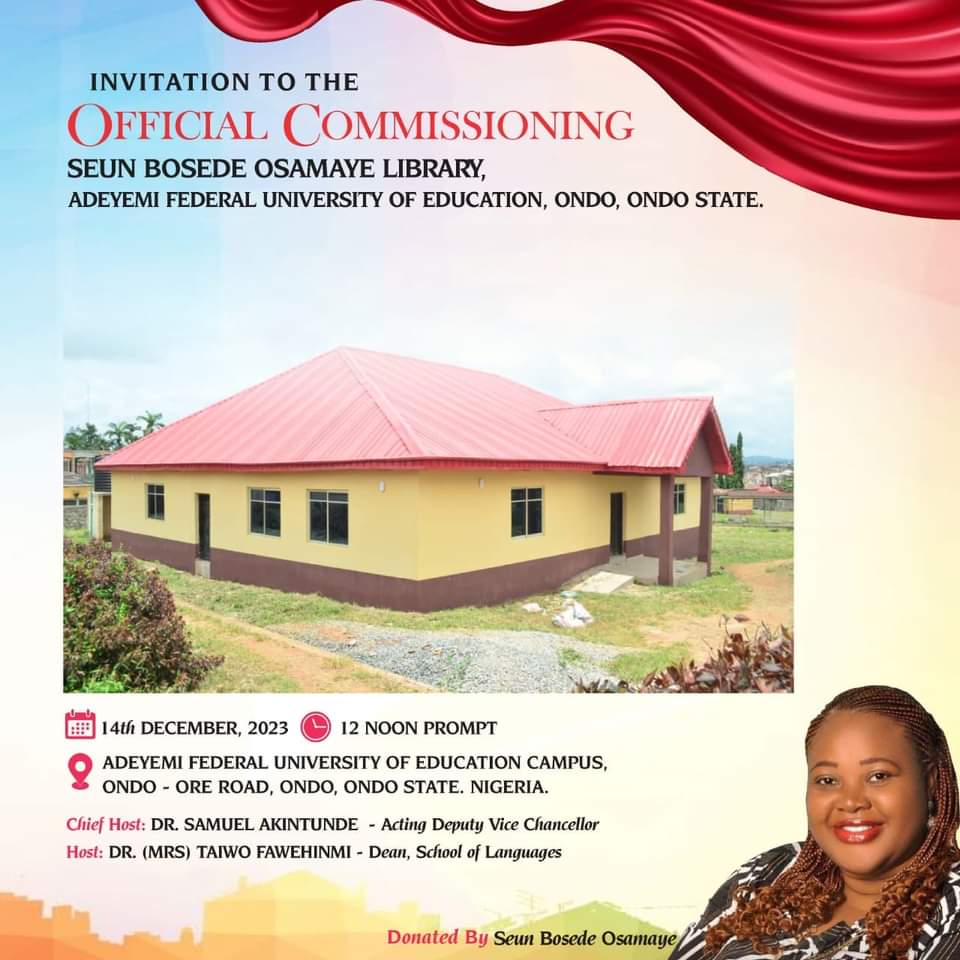 Good_Nigeria_'s tweet photo. Embarking on a philanthropic journey, Seun Osamaye gifts Nigeria a beacon of knowledge—a library she has built with a heart dedicated to education. Her story, from student to politician, now finds a new chapter in this contribution to the education.
#LifeOfImpact #LibraryLaunch https://t.co/CXE1tedeFL