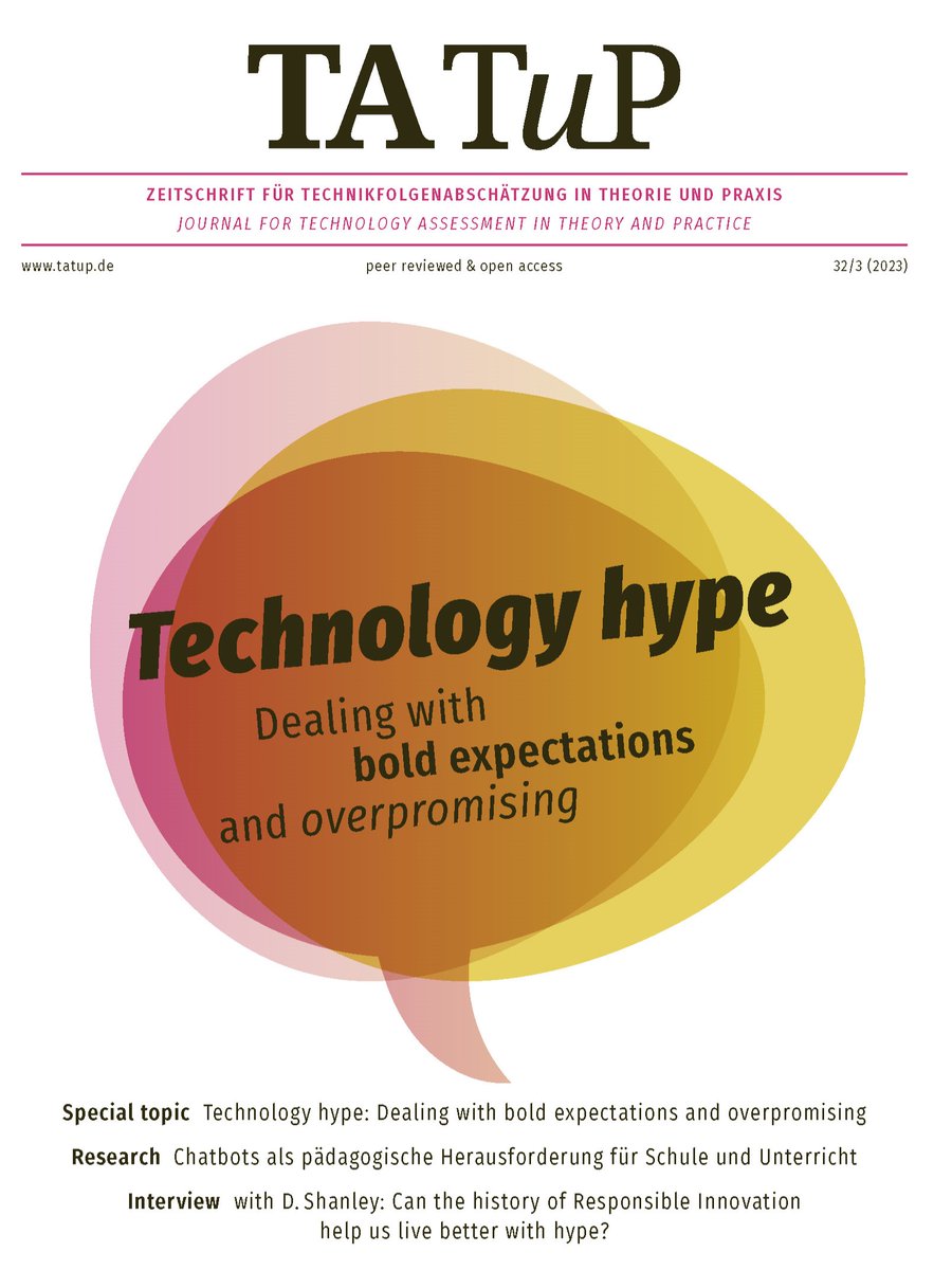 Out now: TATuP's third issue in 2023 on 'Technology hype: Dealing with bold expectations and overpromising'. 📖 Find all articles #openaccess at ➡️ tatup.de/index.php/tatu… published at @oekomverlag. #technologyassessment #technologyhype #emergingtechnologies