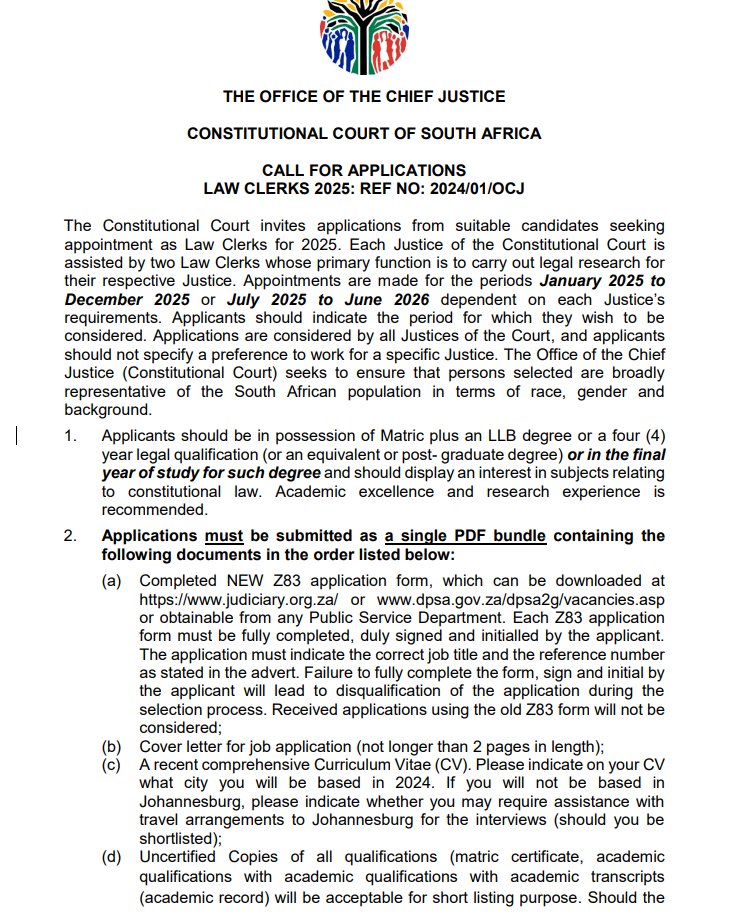 ConCourtSA's tweet photo. Constitutional Court Clerkship Programme: The Constitutional Court invites applications from suitable candidates seeking appointment as Law Clerks for 2025. The advert runs from 1 January 2024 with a closing date 31 March 2024. https://t.co/plGlTeRtHa