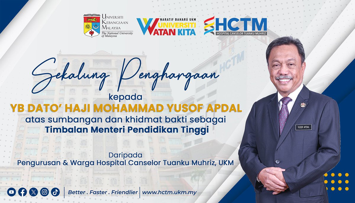 hctm_ukm's tweet photo. Sekalung penghargaan dan terima kasih kepada YB Dato’ Seri Mohamed Khaled Nordin (Menteri Pendidikan Tinggi) dan YB Dato’ Haji Mohammad Yusof Apdal (Timbalan Menteri Pendidikan Tinggi) atas khidmat bakti yang dicurahkan.
#HCTM #UKM #BetterFasterFriendlier https://t.co/6nKHDPycob