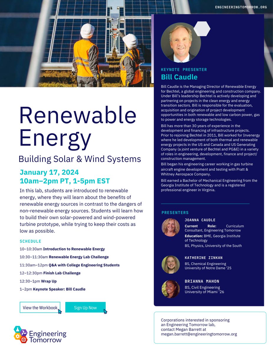 Engineering Tomorrow (@engineeringtmrw) on Twitter photo Join us on Jan 17 for Renewable Energy Lab Day - on Pacific Time!
Students will explore solar & wind systems, meet Bill Caudle from <a href="/Bechtel/">Bechtel Corporation</a>, and dive into hands-on challenges. Sign up at engineeringtomorrow.tfaforms.net/17! 💡
#RenewableEnergyLab #STEMeducation #CleanEnergy Join us on Jan 17 for Renewable Energy Lab Day - on Pacific Time!
Students will explore solar & wind systems, meet Bill Caudle from <a href="/Bechtel/">Bechtel Corporation</a>, and dive into hands-on challenges. Sign up at engineeringtomorrow.tfaforms.net/17! 💡
#RenewableEnergyLab #STEMeducation #CleanEnergy