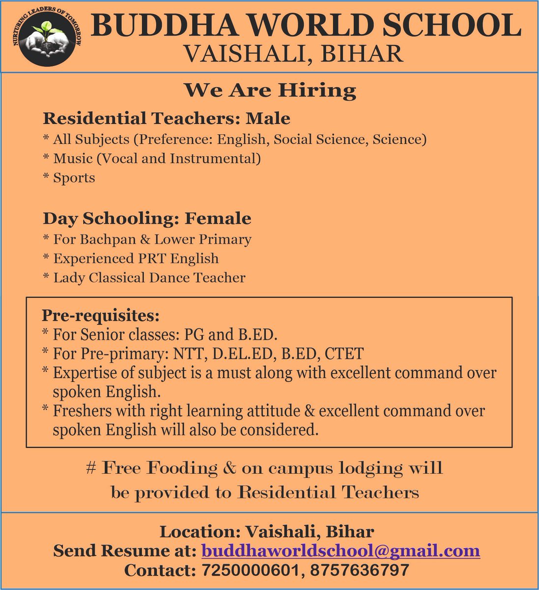 We are hiring teachers for PRT/TGT/PGT/PET at Buddha World School, Vaishali, Bihar. For more details: 📞 7250000601, 8757636797, Drop your resume: buddhaworldschool@gmail.com Website: wwwbuddhaworldschool.com #HiringNow #TEACHers #school #hiring @sarikamalhotra2 @Krish_Vaishali