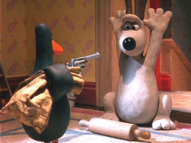 one of the best scenes in the movie is Gromit coming in to confront the Penguin with a rolling pin like it's a cartoon and the penguin just pulls out a real fucking gun