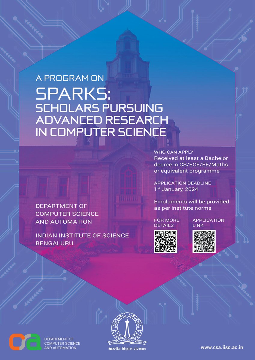 (1/1) “The Department of CSA, IISc is soliciting applications for Scholars Pursuing Advanced Research in Computer Science (SPARKS) programme for 2024. Details of the programme can be found here: csa.iisc.ac.in/sparks-program…. Below are the highlights of the programme.