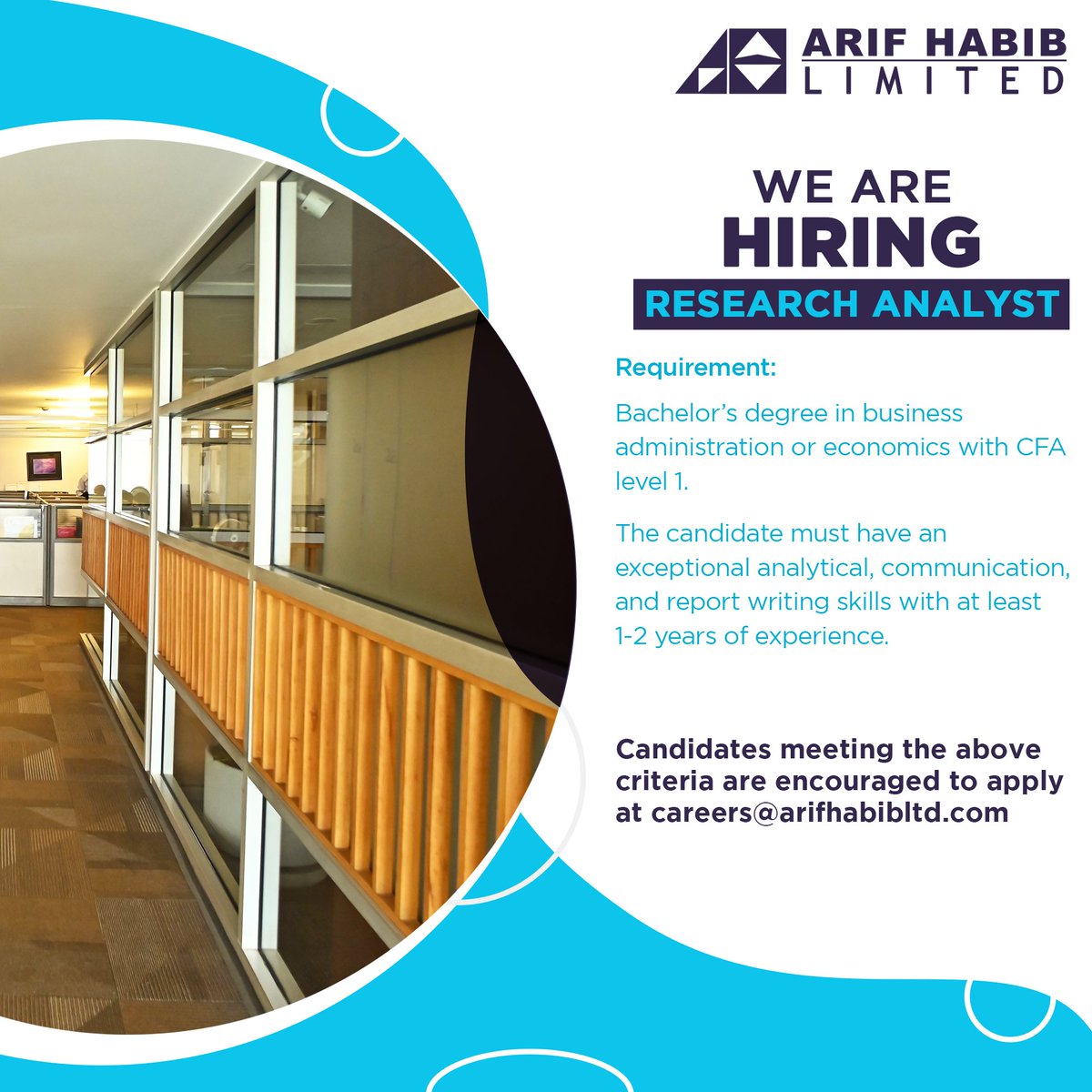 ArifHabibLtd's tweet image. We are hiring Research Analyst! Kindly send your resume at careers@arifhabibltd.com mentioning the position in the subject

Location: Karachi

#ResearchAnalyst #hiringalert #AHL #Pakistan #Karachi