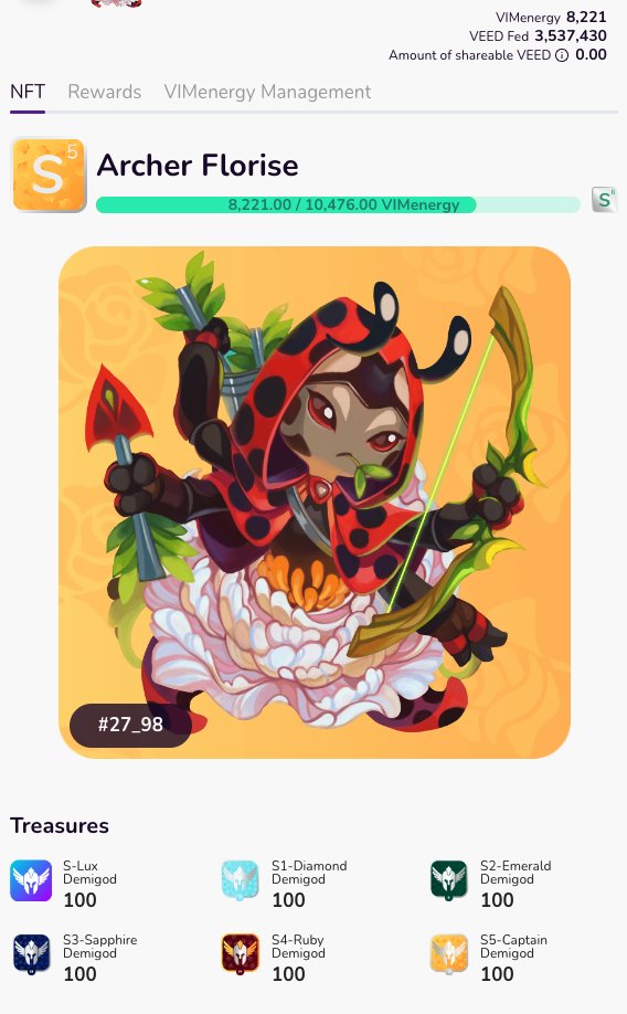 VIMworldGlobal's tweet photo. Cheers to these two Moss Haven VIMs for leveling up recently. Archer Florise 27_98 used 3.5 million $VEED to reach S5 and keep a streak of six Demigod treasures. And Queen Rosalie 31_27 fed 3.7 million into S4 tier and add the Master treasure. #VIMnews #BSC https://t.co/MzvzxoULU7