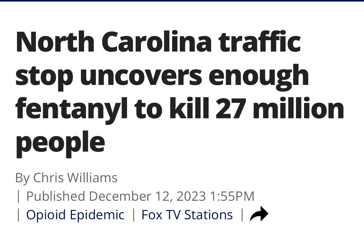 KariLake's tweet image. On Sunday, North Carolina deputies pulled over a tractor-trailer for a traffic violation. A search of the vehicle discovered enough Fentanyl to kill 27 million people.

This WMD had come in through Mexico just 48 hours before.

The open-border policies of @DNC allowed this poison…