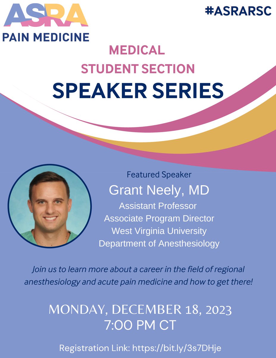ASRA Pain Medicine (@asra_society) on Twitter photo Join our first ever Speaker Series Event hosted by the #ASRARSC Medical Student Section! With featured speaker Dr. Grant Neely (<a href="/Intraneely/">Grant Neely, M.D.</a>), we'll learn all about having a career in #regionalanesthesia & #acutepain. Join us on Dec 18, 2023, at 8 pm ET. 🔗bit.ly/3s7DHje Join our first ever Speaker Series Event hosted by the #ASRARSC Medical Student Section! With featured speaker Dr. Grant Neely (<a href="/Intraneely/">Grant Neely, M.D.</a>), we'll learn all about having a career in #regionalanesthesia & #acutepain. Join us on Dec 18, 2023, at 8 pm ET. 🔗bit.ly/3s7DHje