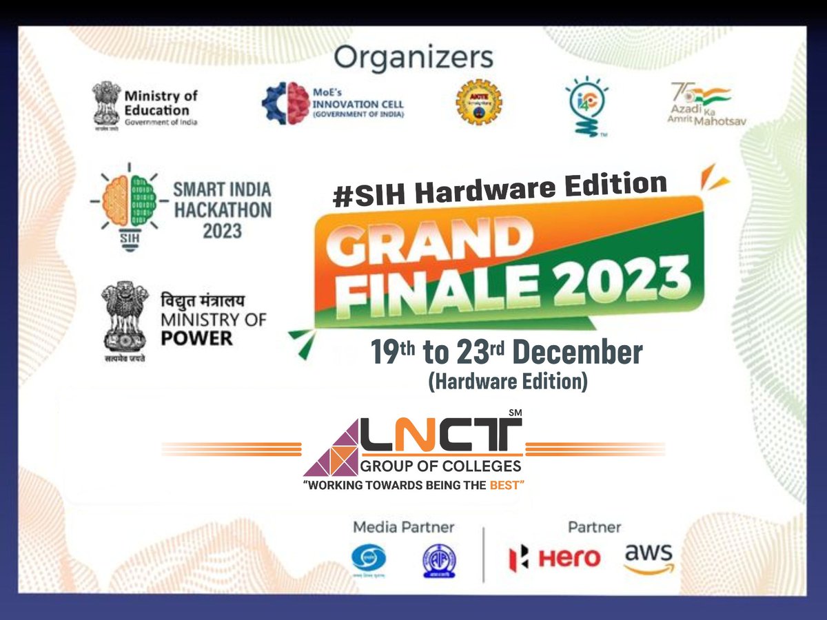 lnct_group's tweet photo. LNCT Group extends a warm welcome to all finalists! Join us on our campus from Dec 19th to 23rd for an exhilarating celebration of innovation at the 'Smart India Hackathon-2023 - Hardware Edition.' 📷 #InnovateWithLNCT #HackathonExcitement
#SIH2023,#smartindiahackathon, https://t.co/7HFths67jM