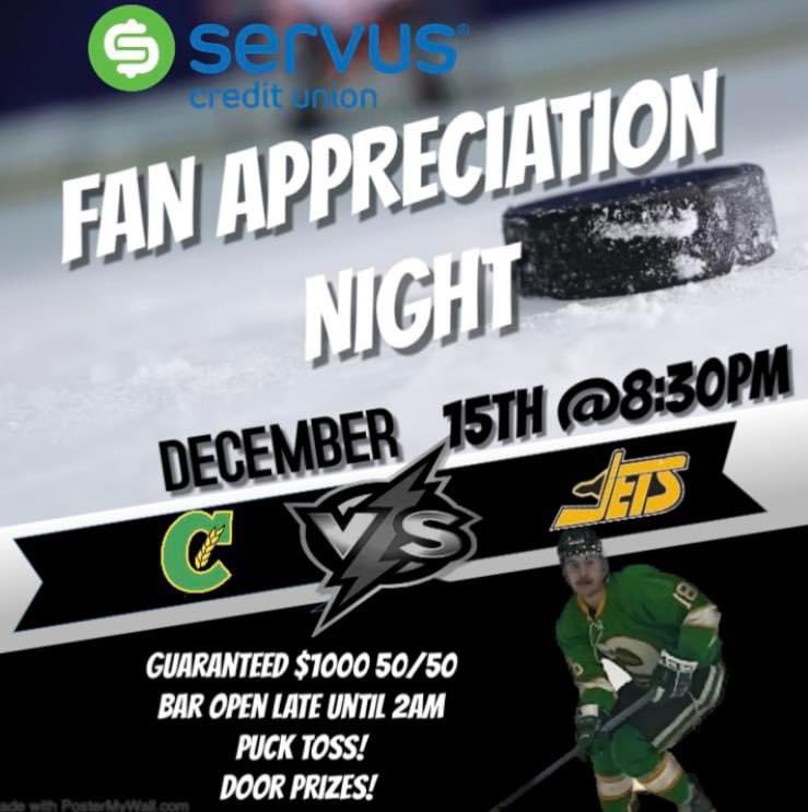 This Friday vs <a href="/JetsHughenden/">Hughenden Jets</a> 

MEET THE PLAYERS AFTER THE GAME!!

Guaranteed $1000 50/50 thank you to Servus Credit Union!  Bar is open until 2am and will be snacks and refreshments! 

Puck toss for the kids. 

Door prizes from Provost Packers Ltd., Bouma Meats Ltd. And more!