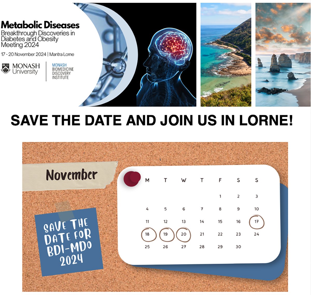 4th Metabolic Diseases; Breakthrough Discoveries in Diabetes & Obesity meeting will be held on Nov 17th – 20th, 2024 at the Mantra Resort in Lorne, located along the Great Ocean Road in Victoria, Australia. Check the amazing speaker line up here. bdi-mdo.org