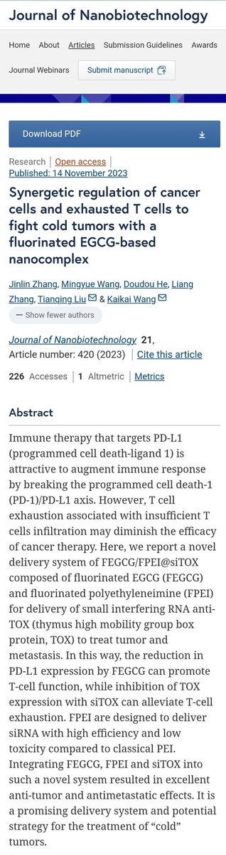 Michell83585886's tweet photo. Just published🎊 "Synergetic regulation of cancer cells and exhausted T cells to fight cold tumors with a fluorinated EGCG-based nanocomplex" @JNanobiotech. super proud of everyone working in this project. #medicalresearch #immunotherapy #nanotechnology https://t.co/dGdC9KZWLB https://t.co/lICjtuBk7N