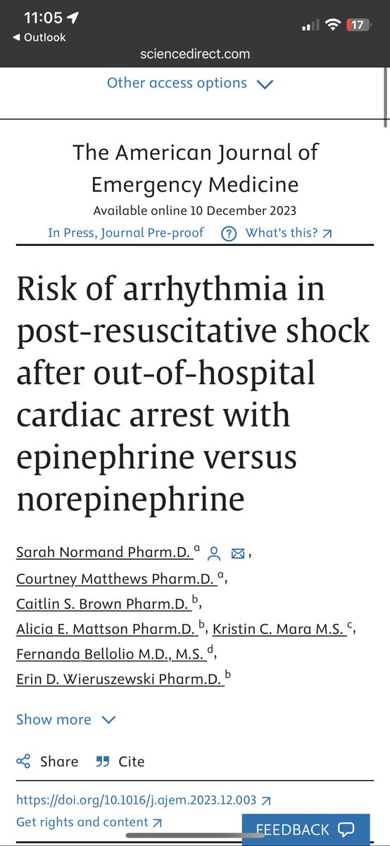 ANOTHER PREHOSPITAL POST ROSC NE vs EPI (TWO IN TWO MONTHS!?)
 
EPI again with more re-arrests than NE. More nails in the coffin.
 
Nice work <a href="/MayoClinic/">Mayo Clinic</a> @CBthePHARMD <a href="/EDWieru/">Erin Wieruszewski</a> and the many authors involved!
 
sciencedirect.com/science/articl…
 
#MedTwitter #TwitterX #MedEd #FOAMed #FOAM