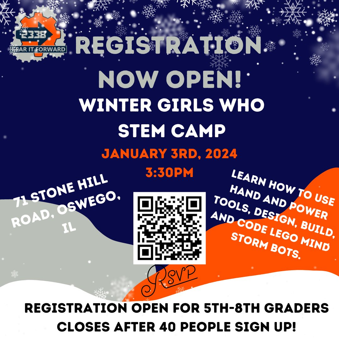 Registration for our Winter Girls Who STEM Camp is now open for 5th-8th graders!❄️ Girls will learn how to use hand and power tools as well as design, build, and code LEGO Mindstorm Bots
Spots are limited so make sure to sign up quickly!

#firstisforeveryone #girlswhostem