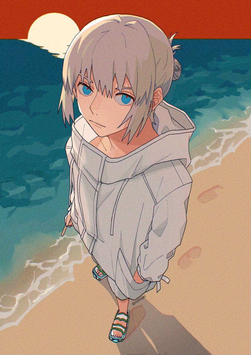 oberon (fate) solo blue eyes hood beach looking at viewer sandals ocean  illustration images