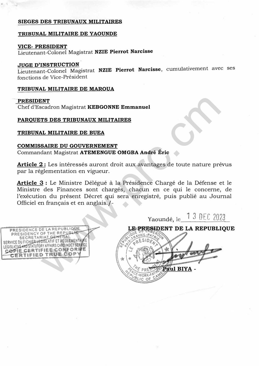 H/E Biya dismisses Judge of Yaounde military court who signed a document for the release of Amougou Belinga and co