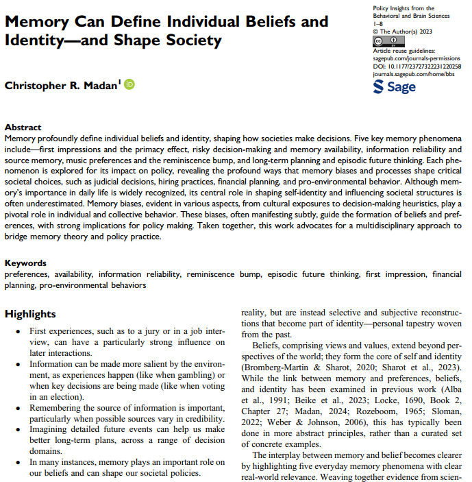 "Memory Can Define Individual Beliefs and Identity—and Shape Society"
I'm really proud of this one, overviewing how memory biases influence society and policy.

journals.sagepub.com/doi/10.1177/23….
