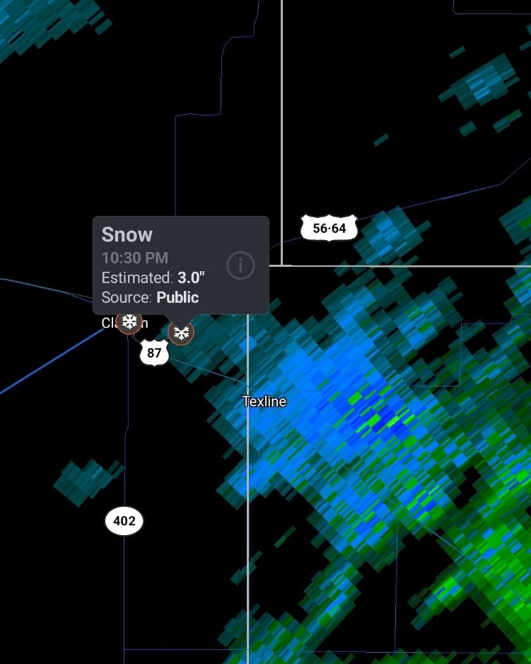 Fulltiltweather's tweet photo. Clayton New Mexico reported 2, and 3 Inches of snow in the past 2 hours.
This is all for wave one.

If you would like to donate to all the pages hard work. 
https://t.co/LxXhVXzXZK
$FulltiltWeather at cash app https://t.co/oBNaQOX6Eg
