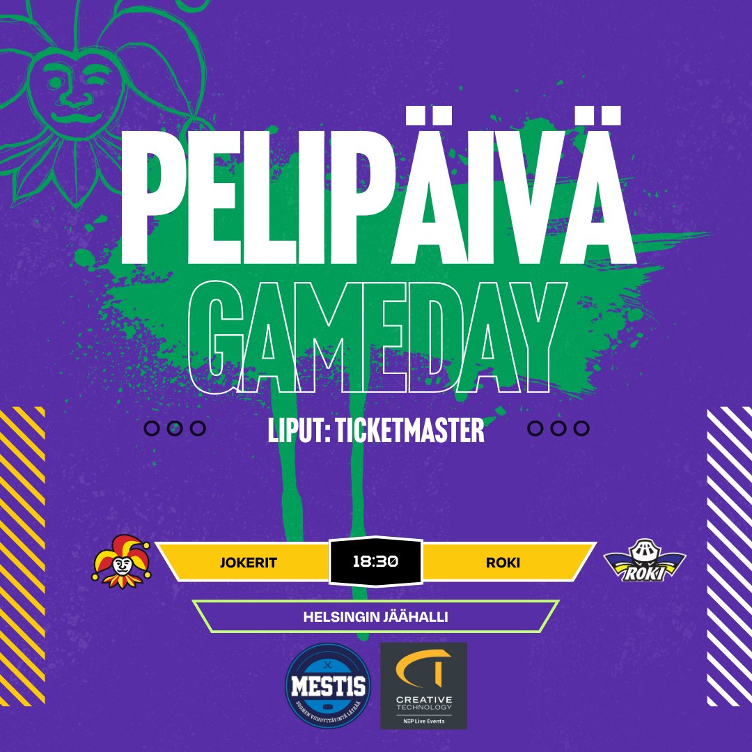 Helsingin Jokerit (@jokerithc) on Twitter photo 🟢P E L I P Ä I V Ä🟣
ℹ️: Jokerit - RoKi
📍: Helsinki
🏟️: Helsingin jäähalli
⏰: 18.30
🎟️: ticketmaster.fi/jokerit
📺: #mtvkatsomo / <a href="/mtvurheilu/">MTV Urheilu</a>
#Jokerit #Mestis #JokeritLiikuttaa 🟢P E L I P Ä I V Ä🟣
ℹ️: Jokerit - RoKi
📍: Helsinki
🏟️: Helsingin jäähalli
⏰: 18.30
🎟️: ticketmaster.fi/jokerit
📺: #mtvkatsomo / <a href="/mtvurheilu/">MTV Urheilu</a>
#Jokerit #Mestis #JokeritLiikuttaa