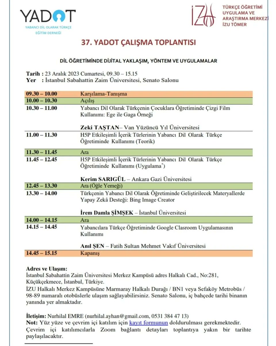 EgitimYadot's tweet photo. İstanbul Sabahattin Zaim Üniversitesi Türkçe Öğretim Uygulama ve Araştırma Merkezi İZU TÖMER’in ev sahipliğinde 23 Aralık 2023 tarihinde ger��ekleştirilecek 37.YADOT  “Dil Öğretiminde Dijital Yaklaşım, Yöntem ve Uygulamalar” başlığı altında gerçekleştirilecek. https://t.co/k8qyml3VDo