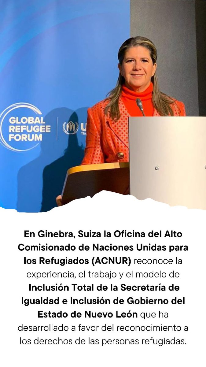 Este día, la Oficina del Alto Comisionado de la <a href="/ACNUR/">Raphaela</a>, en el Foro Mundial sobre los Refugiados 2023 que se realiza en Ginebra, Suiza, reconoció el modelo de atención integral para personas refugiadas y en contexto de movilidad implementado por  #NL
Felicidades <a href="/MarthaHerreraNL/">Martha Herrera</a>