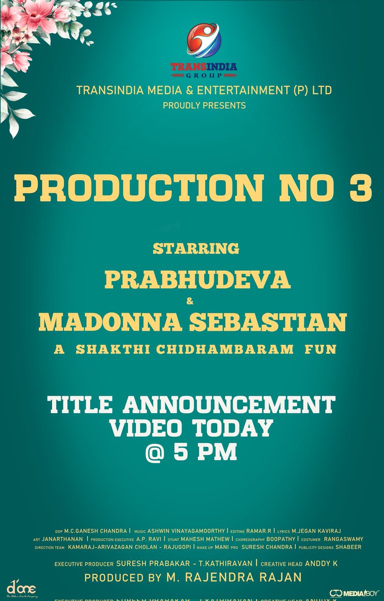 #TransIndiaMediaProductionNo3 starring @PDdancing @MadonnaSebast14 Title Announcement video will unleash Today @ 5 PM Film by #ShakthiChidhambaram @Transindmedia @iYogiBabu @iamyashikaanand #Abhirami #RedinKingsley @Ganeshchandhrra @AshwinVinayagam @Jegan_kaviraj…