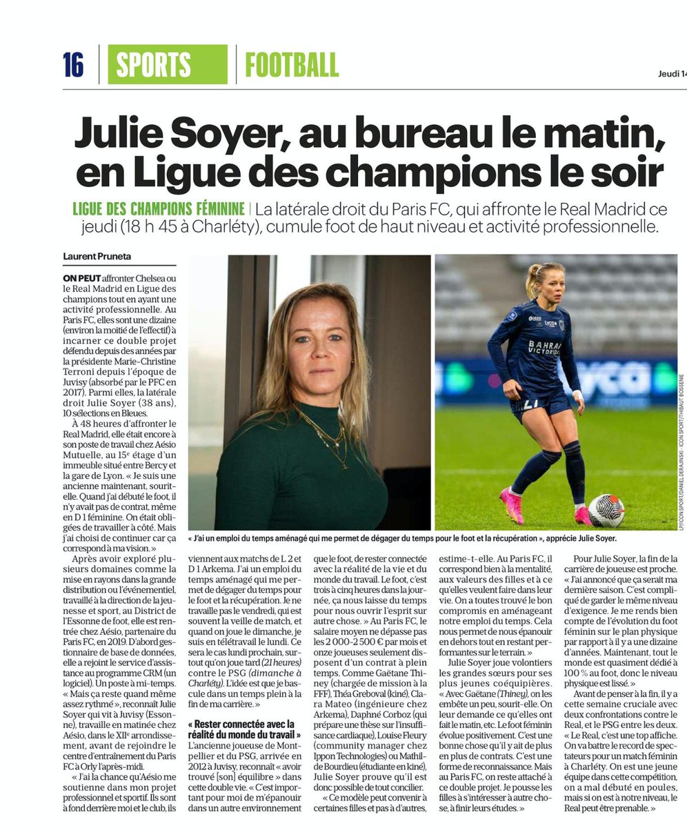 Un portrait qui donne à voir deux des facettes de <a href="/julie_soyer/">Julie Soyer</a> qui articule une vie de joueuse de haut niveau au <a href="/PFC_feminines/">Paris FC Féminines</a> et une carrière professionnelle au sein d'<a href="/AesioMutuelle/">AÉSIO mutuelle</a>. Fier de compter Julie dans l'équipe et d'aller l'encourager ce soir au <a href="/stadecharlety/">Stade Charléty</a> 💪⚽️ ⬇️