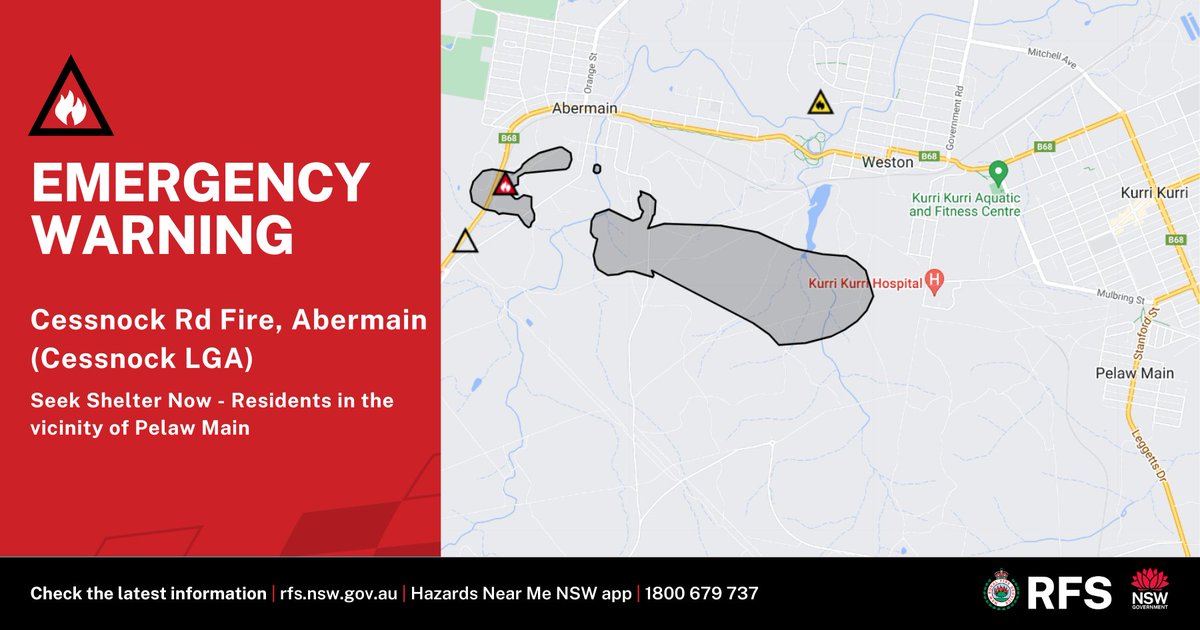 NSWRFS's tweet photo. Emergency Warning: Cessnock Rd Fire, Abermain
The fire continues to burn in an easterly direction towards Pelaw Main. If you are in the vicinity of Pelaw Main, you are in danger. Seek shelter now or as the fire approaches. It is too late to leave.
https://t.co/jVtv7YimLv https://t.co/R6bvpMJKHK