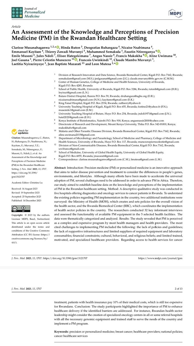 We just published 'An Assessment of the Knowledge and Perceptions of Precision Medicine (PM) in the Rwandan Healthcare Settings' Have a look👇👇👇 J. Pers. Med. 2023, 13(12), 1707; doi.org/10.3390/jpm131…