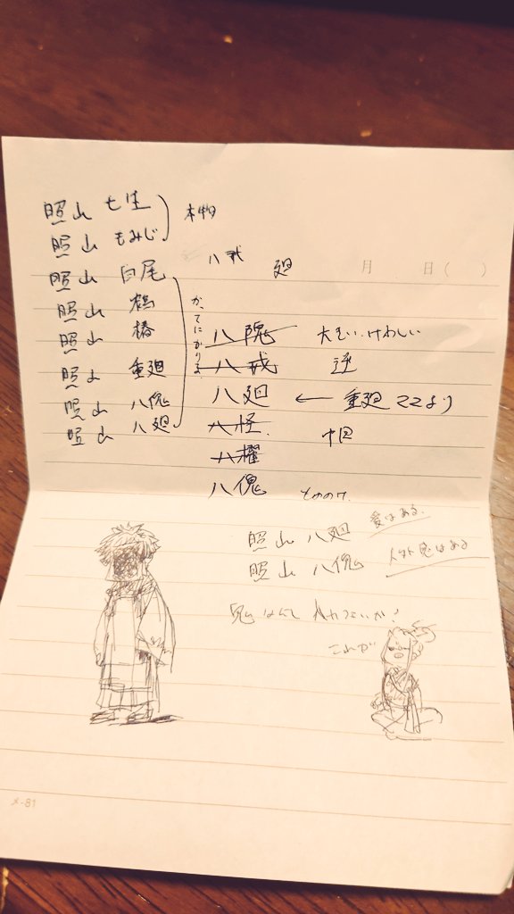 @sousakuTL ハッカイの漢字、最初は八戒を当てるつもりだったけど戒律にはキャラがあわねえ!とやめて
八廻か八傀の2択になって迷い 