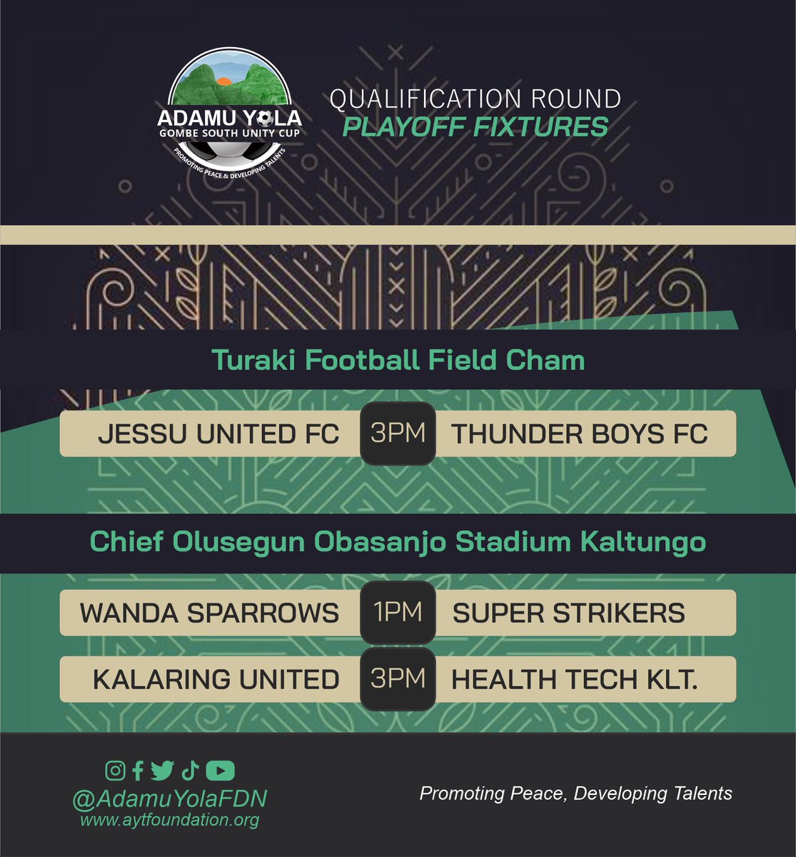 AdamuYolaFDN's tweet photo. It's the last day of the #QualificationRound...

3 matches  |  3 slots to the #FinalRound
13 teams already QUALIFIED, 3 more to Go

3 days to the #FinalRound

Predict the correct scores and win @AirtelNigeria   airtime top-up. https://t.co/ZcupqY7J7u