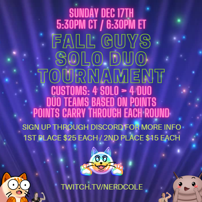 nerdcole_'s tweet photo. See you Sunday for the next Fall Guys tournament! Msg me on Discord if you have any questions!! 👑🥵🐐 https://t.co/QbikwQuNvP