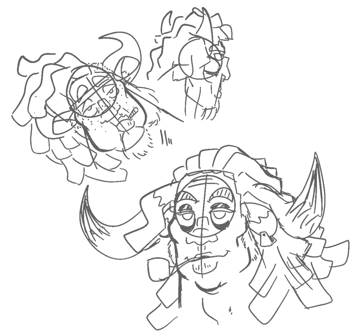 MilkShotsMoo's tweet photo. So I was tryna practice drawing a chubbier lookin face while also experimenting on the look for my Vtuber design.  This would prolly lead to a different character type and look but I really like the one with the pipe. 

Those marks are meant to be a stylized eye bags.

#MilkInk https://t.co/sSRzeJhohm