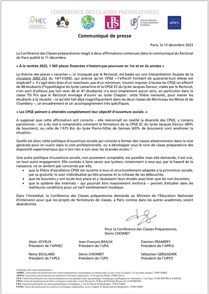 APHEC (@aphec_twit) on Twitter photo ⚠️ Communiqué de presse de la Conférence des Classes Préparatoires - 13 décembre 2023.
<a href="/Prepas_UPS/">UPS</a> <a href="/upstifr/">UPSTI</a> <a href="/GabrielAttal/">Gabriel Attal</a> <a href="/sretailleau/">Sylvie Retailleau</a> <a href="/carolinepascal3/">Caroline Pascal</a> <a href="/Cdefi/">CDEFI</a> CDEFM ⚠️ Communiqué de presse de la Conférence des Classes Préparatoires - 13 décembre 2023.
<a href="/Prepas_UPS/">UPS</a> <a href="/upstifr/">UPSTI</a> <a href="/GabrielAttal/">Gabriel Attal</a> <a href="/sretailleau/">Sylvie Retailleau</a> <a href="/carolinepascal3/">Caroline Pascal</a> <a href="/Cdefi/">CDEFI</a> CDEFM