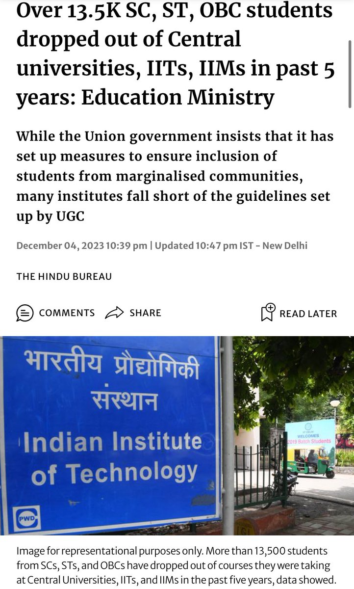 This has been an alarming concern for years!

The reason behind the high dropout of SC/ST/OBC students is the implementation of the affirmative action only in letter and NOT in spirit; there has been a complete lack of political will by the successive governments.

The