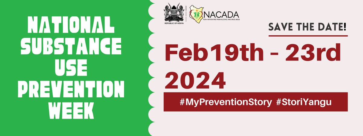 Do you have a susbtance use prevention story?
<a href="/NACADAKenya/">NACADA Kenya</a>

is planning a National Substance Use Prevention Week from 19th to 23rd February 2024.   

This is an opportunity to us to acknowledge and appreciate your efforts on alcohol and drug use prevention.  #MyPreventionStory