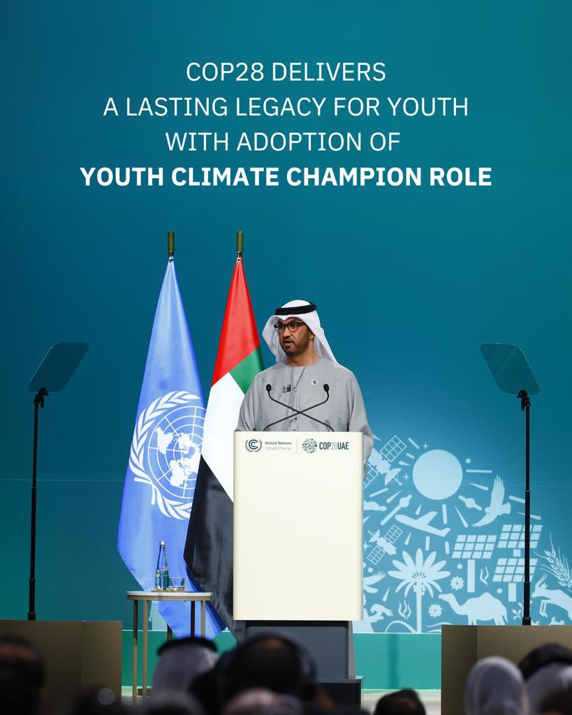 Today, we celebrate the adoption of the Youth Climate Champion role, a role that will continue to support Youth in all future COPs. This lasting legacy is a reflection of the UAE’s 🇦🇪 dedication to meaningful youth engagement, &our commitment to empowering youth globally 🌍