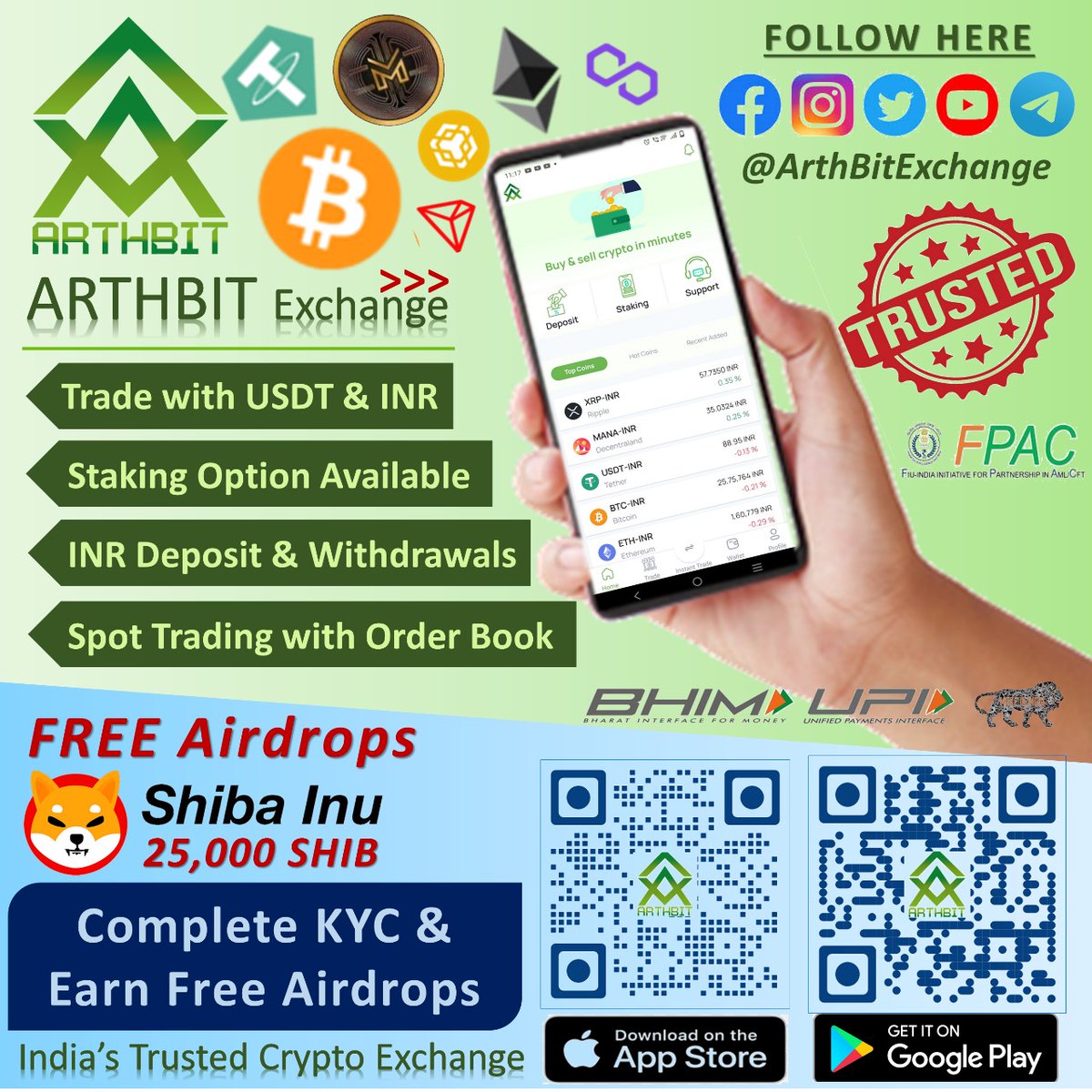 Congrats to all #ArthBit Users..
10k+ Downloads in just 10 days..
✅👍🤗🚀🚀🚀🎉💐🎉👏💐🎉🙏

#ArthBitExchange
India's Trusted #Crypto Exchange
#TRADE #STAKE #HODL #BUY

Follow the steps-
🟨 Follow <a href="/ArthBitExchange/">ArthBit: India's Trusted Crypto Exchange</a>
🟧 Join t.me/ArthbitExchange 
🟥 Sign-Up &amp; Tag Friends Here..