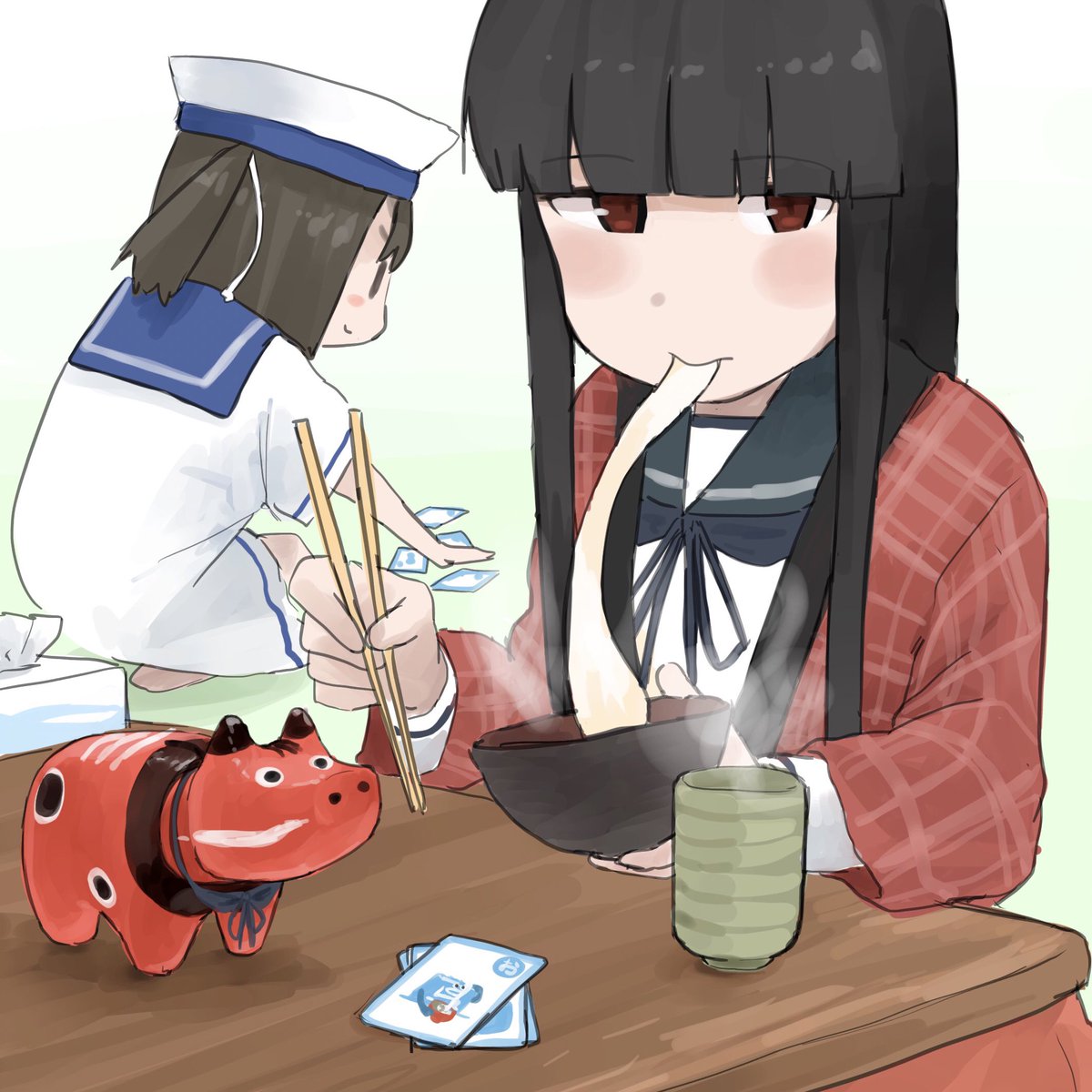 black hair sailor collar blue sailor collar multiple girls mochi long hair kotatsu  illustration images