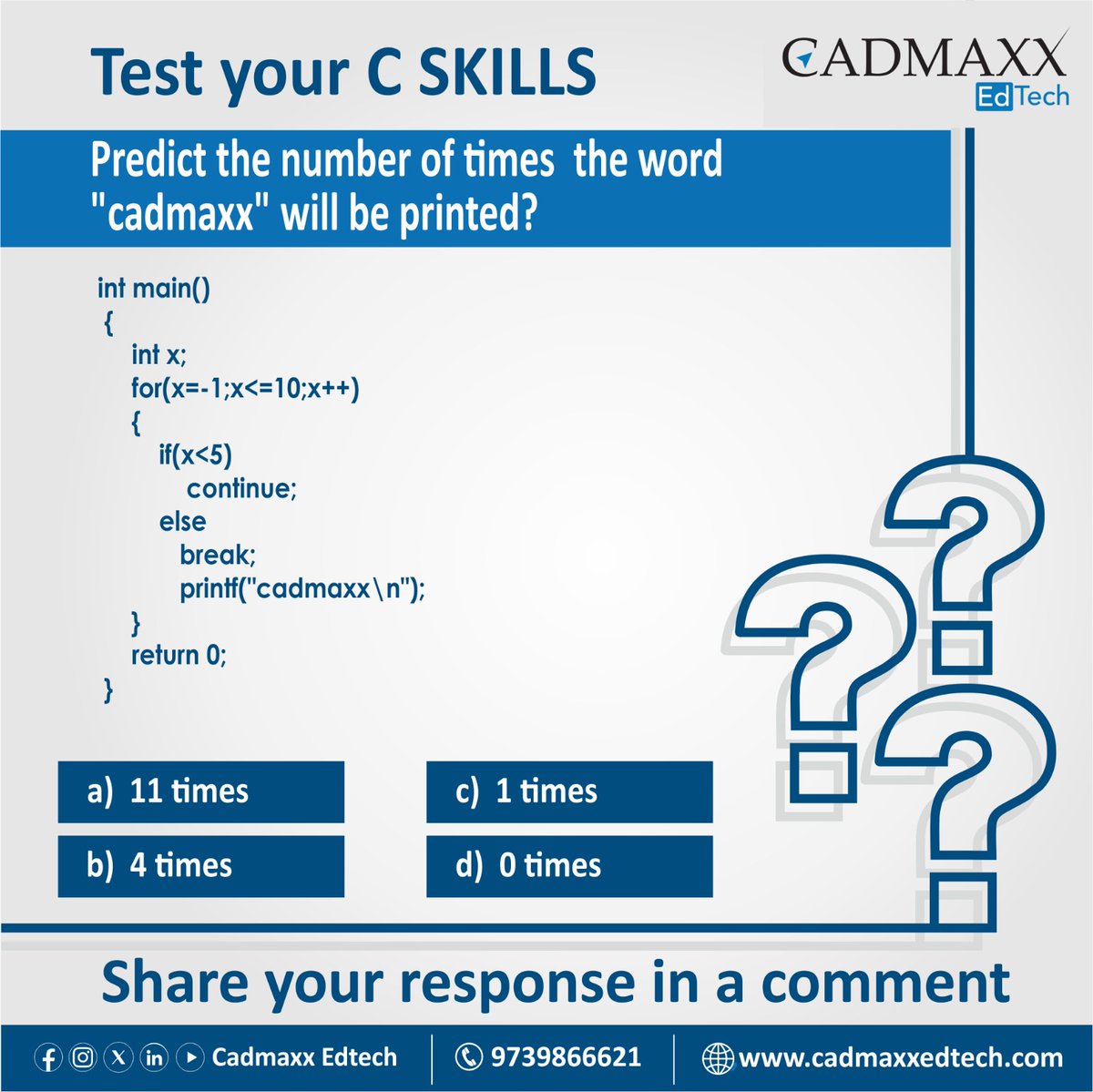 cadmaxxedtech's tweet image. Test your C skills

What will be the output of the program?

Post your response as comments

#cadmaxxedtech #cskill #DidYouKnow #qotd #Programming #cprogramming #programminglanguages