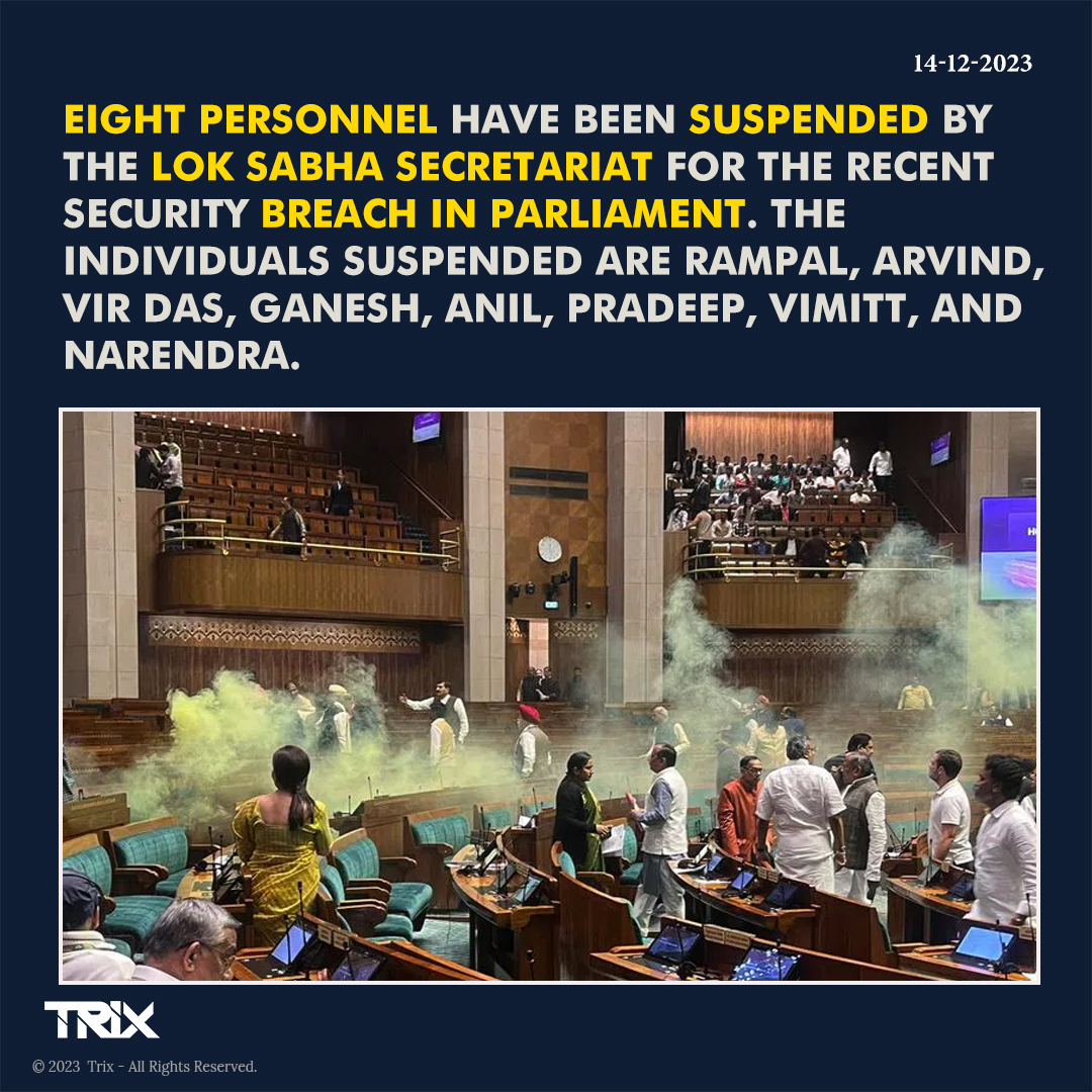 Lok Sabha Secretariat Suspends Eight Personnel Over Parliament Security Breach

#ParliamentSecurityBreach #LokSabha #Suspensions #SecurityIncident #PersonnelSuspended #GovernmentNews #NationalSecurity #ParliamentSafety #Investigation #Accountability #trixindia