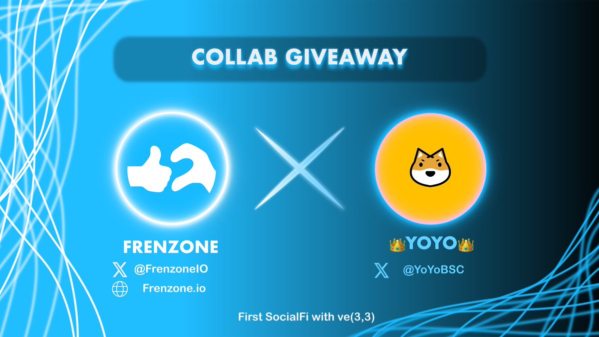 frenzoneIO's tweet photo. 🎁𝐂𝐨𝐥𝐥𝐚𝐛 𝐆𝐢𝐯𝐞𝐚𝐰𝐚𝐲

𝐅𝐫𝐞𝐧𝐳𝐨𝐧𝐞 - 𝐅𝐢𝐫𝐬𝐭 𝐒𝐨𝐜𝐢𝐚𝐥𝐅𝐢 𝐰𝐢𝐭𝐡 𝐯𝐞(𝟑,𝟑) 🤝 👑𝐘𝐎𝐘𝐎👑

🏆5 OG from @YoYoBSC
🏆5 WL from @frenzoneio

To enter: 
1️⃣ Follow @frenzoneio & @YoYoBSC
2️⃣Like❤, RT & tag 2 friends

#Socialfi #Frenzone #Aptos #ETH #NFT #giveaway