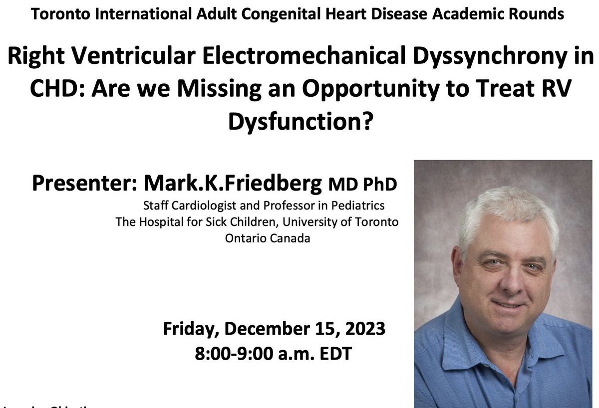 This week, at the Toronto International ACHD Rounds, Professor Mark Friedberg will discuss the importance of RV electromechanical dyssynchrony in patients with CHD. Please join us live at meet.goto.com/967558797 @TorontoACHD @PMunkCardiacCtr @SKHeartCentre #ACHD