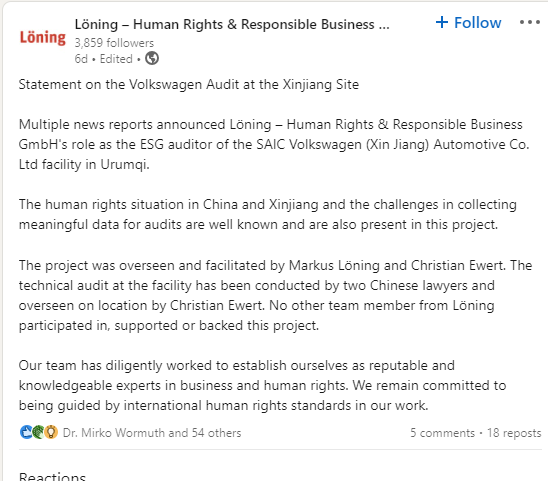 Wild, wild story. After an audit found that Volkswagen's Xinjiang plant had no forced labour, the firm's official LinkedIn account posted a note distancing itself from the findings. Note below, story from FT ft.com/content/46b37a…