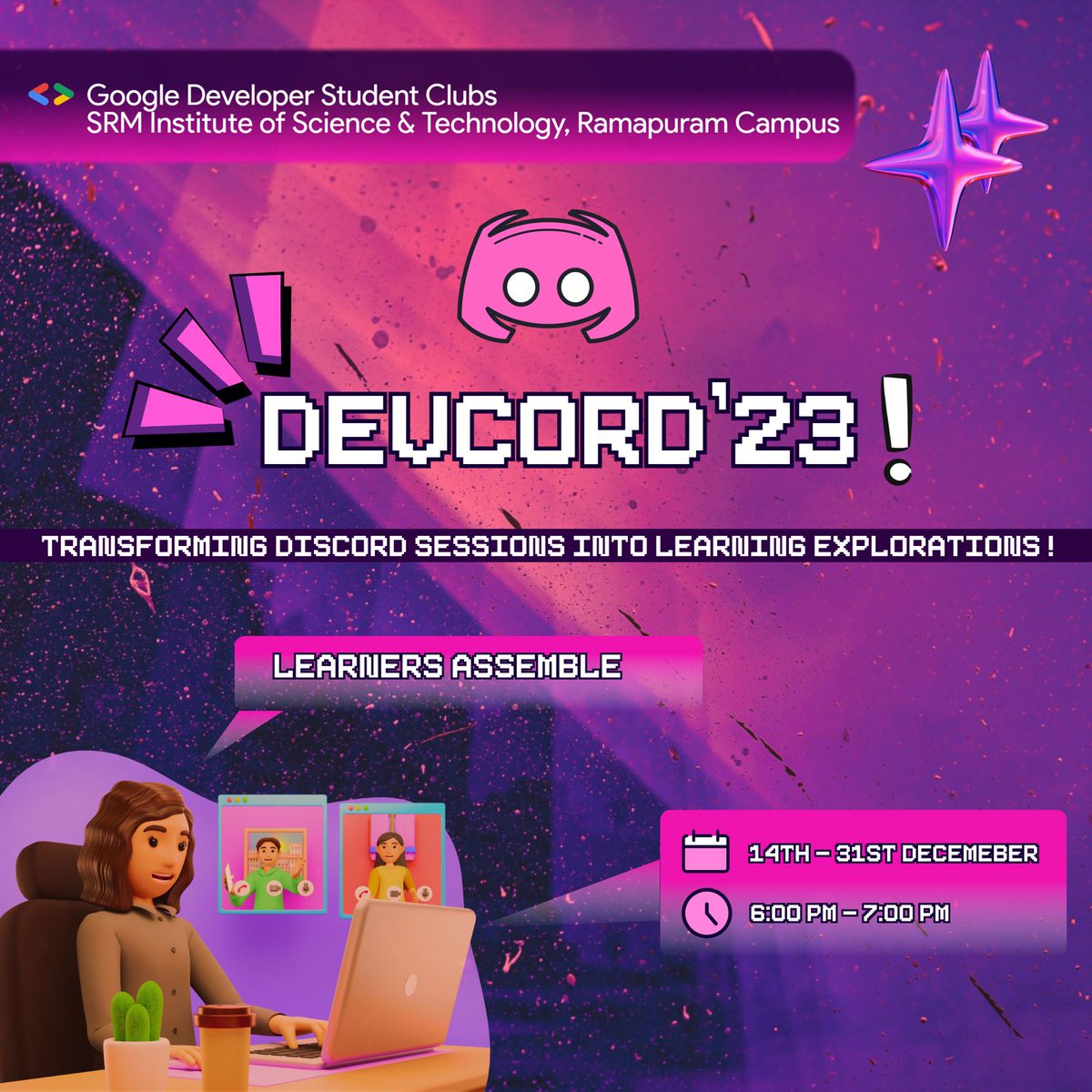 dscsrmrmp's tweet image. 🚀🌟 Exciting News! 🌟🚀

Get ready for the coolest event of the year – DevCord&apos;23, hosted by GDSC! Immerse yourself in mind-blowing topics that ignite your passion.
And here&apos;s the scoop: every participant gets an awesome certificate! 🎓

Register now- gdscsrmrmp.club/devcord23