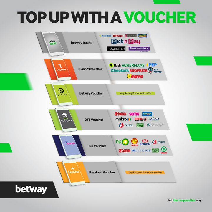 Betway_za's tweet photo. Top up with 👉 Betway Bucks, Flash/1voucher, Kazang, EasyLoad, Blu and OTT Voucher https://t.co/t8J3ybI5Rf