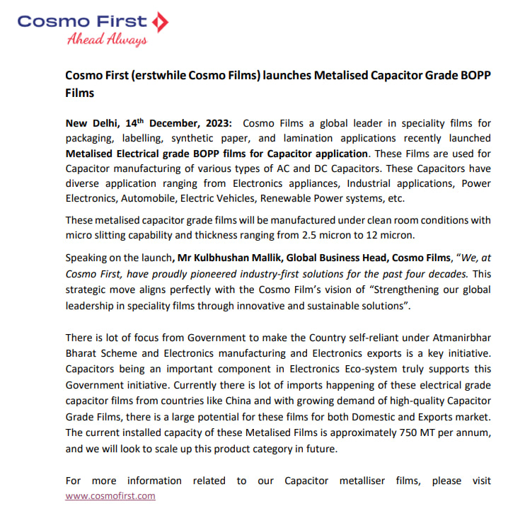 MarketVedantA's tweet image. #Cosmo_First(erstwhile Cosmo Films) #launches Metalised Capacitor Grade #BOPP Film