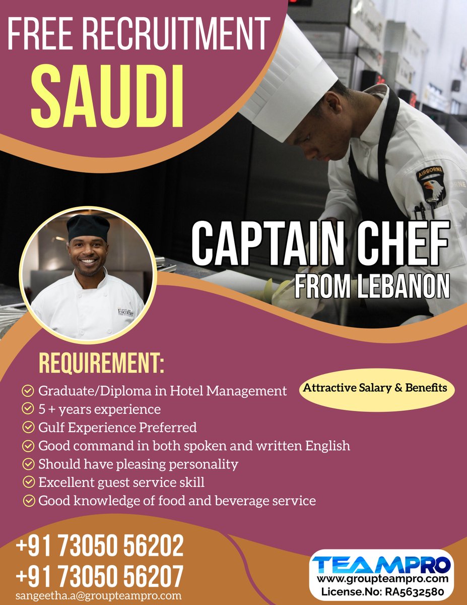 #Saudiarabia #Saudijobs #free #recruitment #Directinterview #captain #chef #hotelmanagement #hotel #lebanon #captainchef #experience #gulfexperience #benefits #Chennai #Mumbai #Direct #Immediate #Joiners #saudiprojects