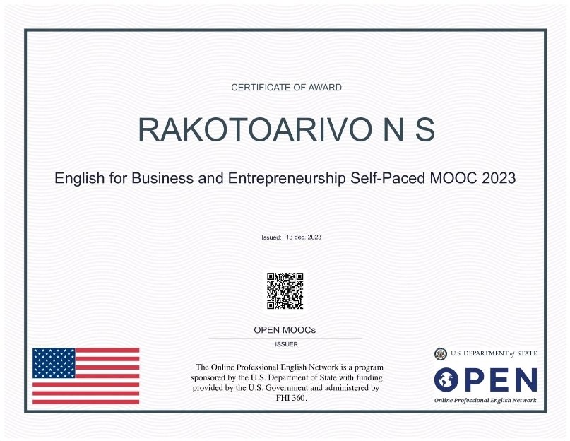 Nouvelle certification : English for Business and Entrepreneurship Self-Paced MOOC 2023 de Online Professional English Network by the U.S. Department of State ! 💕