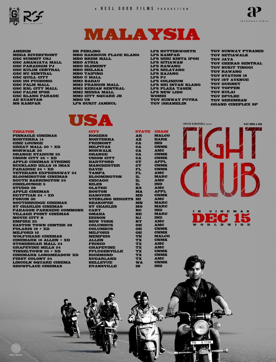 Very thrilled to announce the theatre list for #FightClub's overseas release! 🔥 @APIfilms @homescreenent @GoldenCinemaGCC @dmycreationoffl @PrimeMediaUS @SouthernStarInt @cinema_boleyn @yorkcinemas @Vijay_B_Kumar @reelgood_adi @Abbas_A_Rahmath @GSquadOffl @reel_good_films